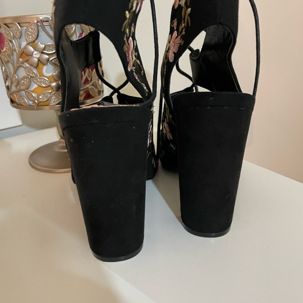 JustFab Black Floral Lace-Up Heels 5” - Picture 8 of 12